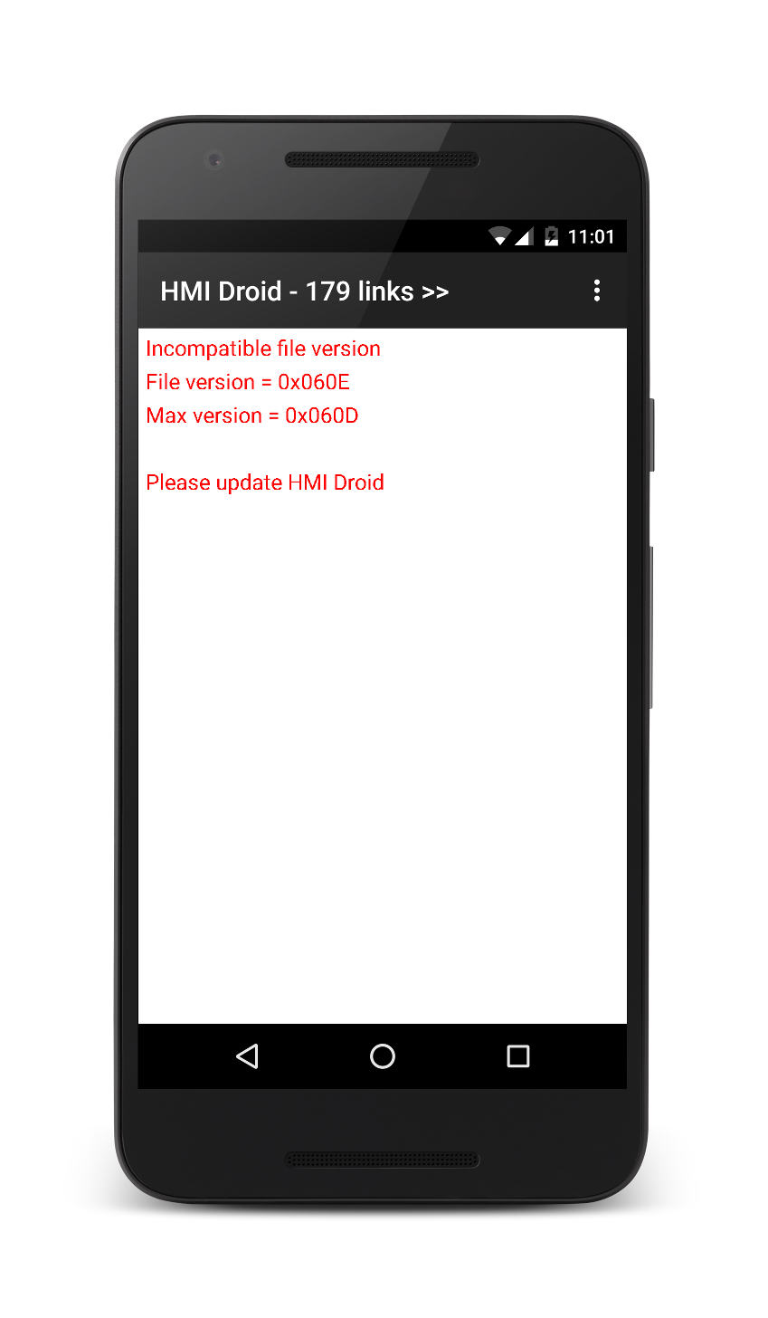 HMI Droid file version error message
